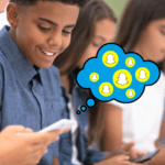 kids sitting in a row on their smartphones with a thought bubble indicating they're using snapchat