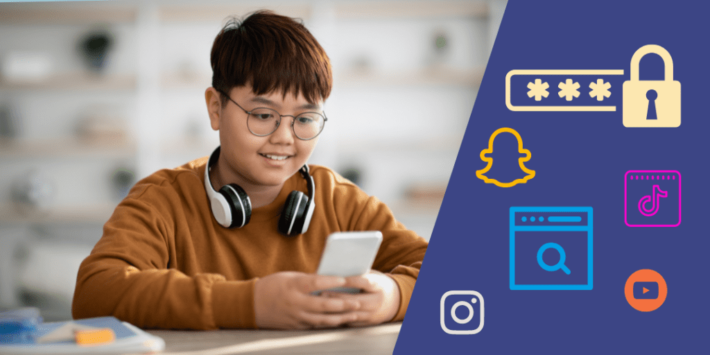 child with headphones looking at phone next to social media and internet icons