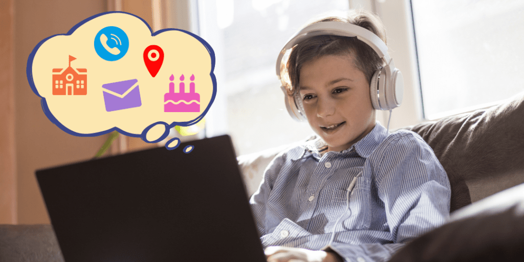 boy with headphones on laptop with a thought bubble indicating he's sharing personal information online