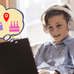 boy with headphones on laptop with a thought bubble indicating he's sharing personal information online