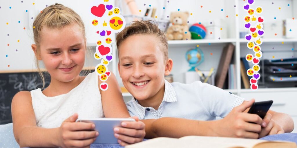 one tween girl and boy watching their smartphones with emoji icons near the phones