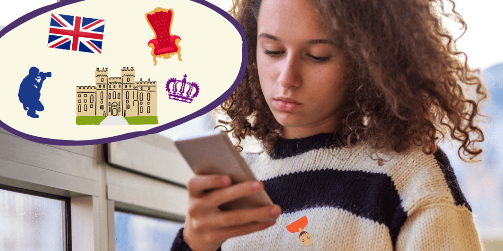 girl looking at phone with icons indicating she is consuming content about the British royal family