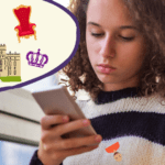 girl looking at phone with icons indicating she is consuming content about the British royal family