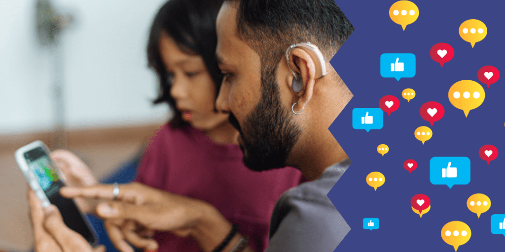 father and daughter looking at phone together with social media icons to the right