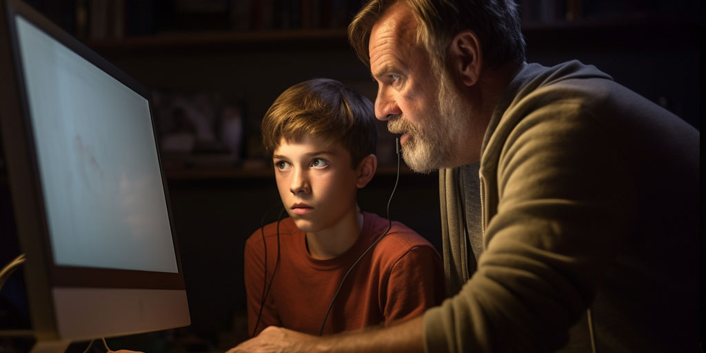 Father and son on a computer