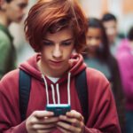 Teen boy using phone in school hallway