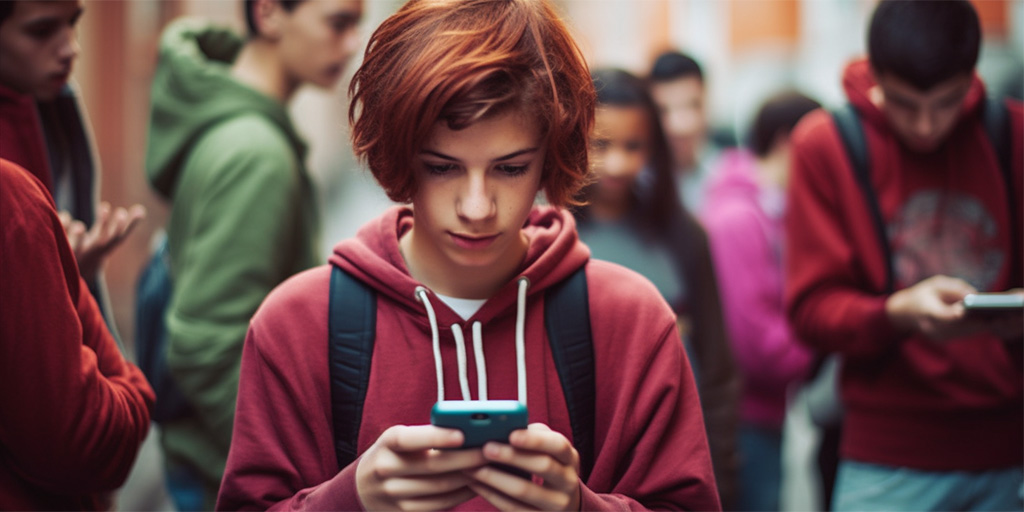 Teen boy using phone in school hallway