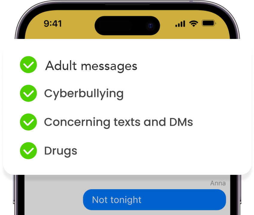 list of what BrightCanary alerts parents for concerning content